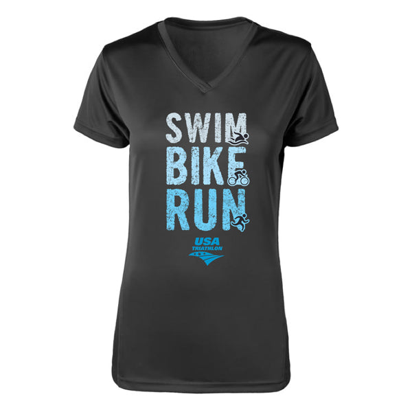 Women's Swim, Bike, Run Logo V-Neck Tech Tee